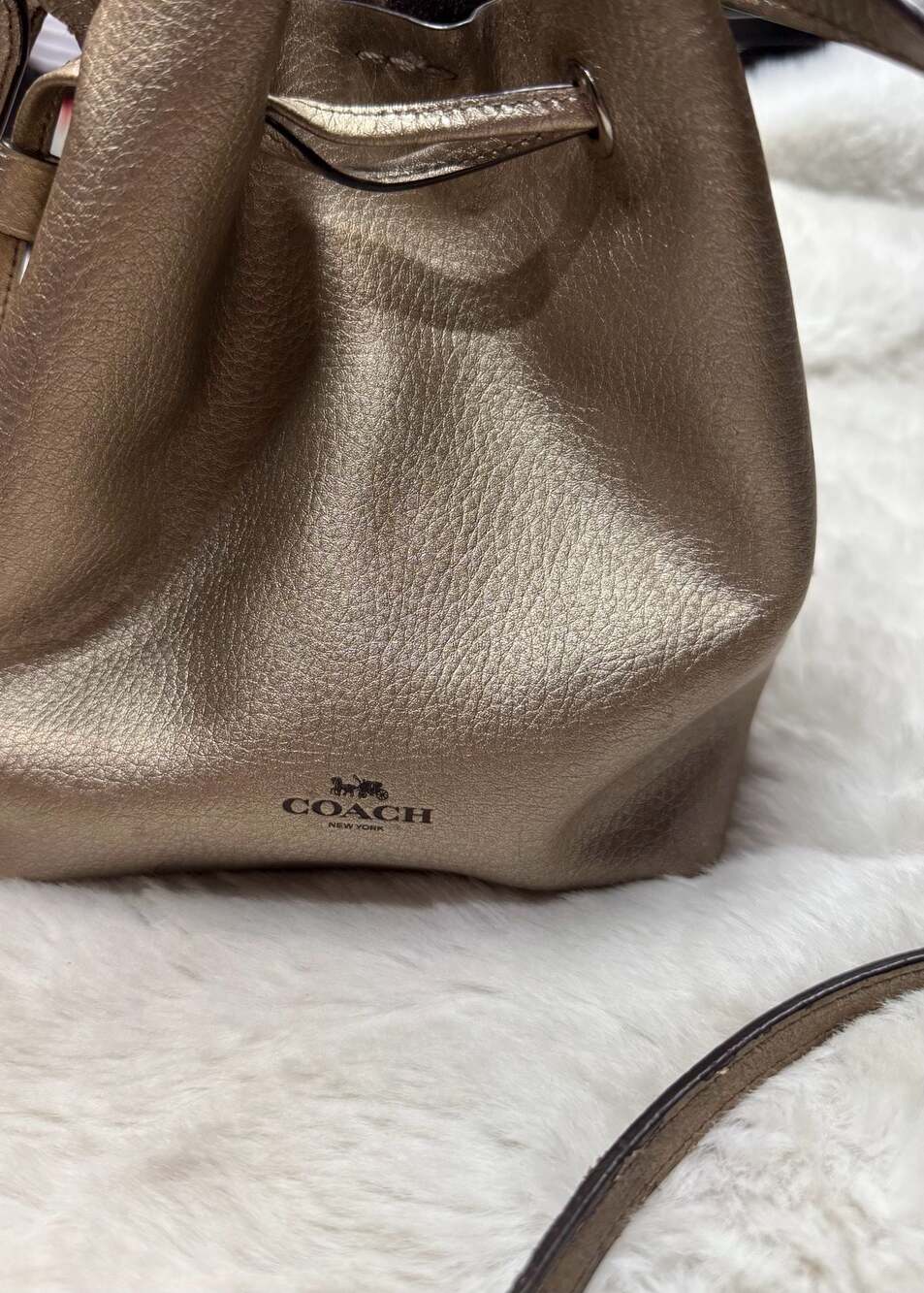 Coach Lena Crossbody Drawstring Bucket Bag in Metallic Gold Leather